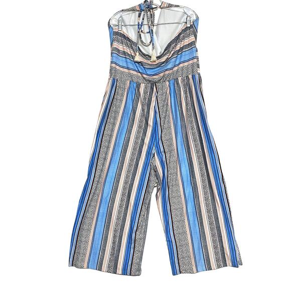 Venus Tassel Halter Jumpsuit Split Leg Smocked Waist Blue Stripe Womens Plus 1X - Picture 2 of 11